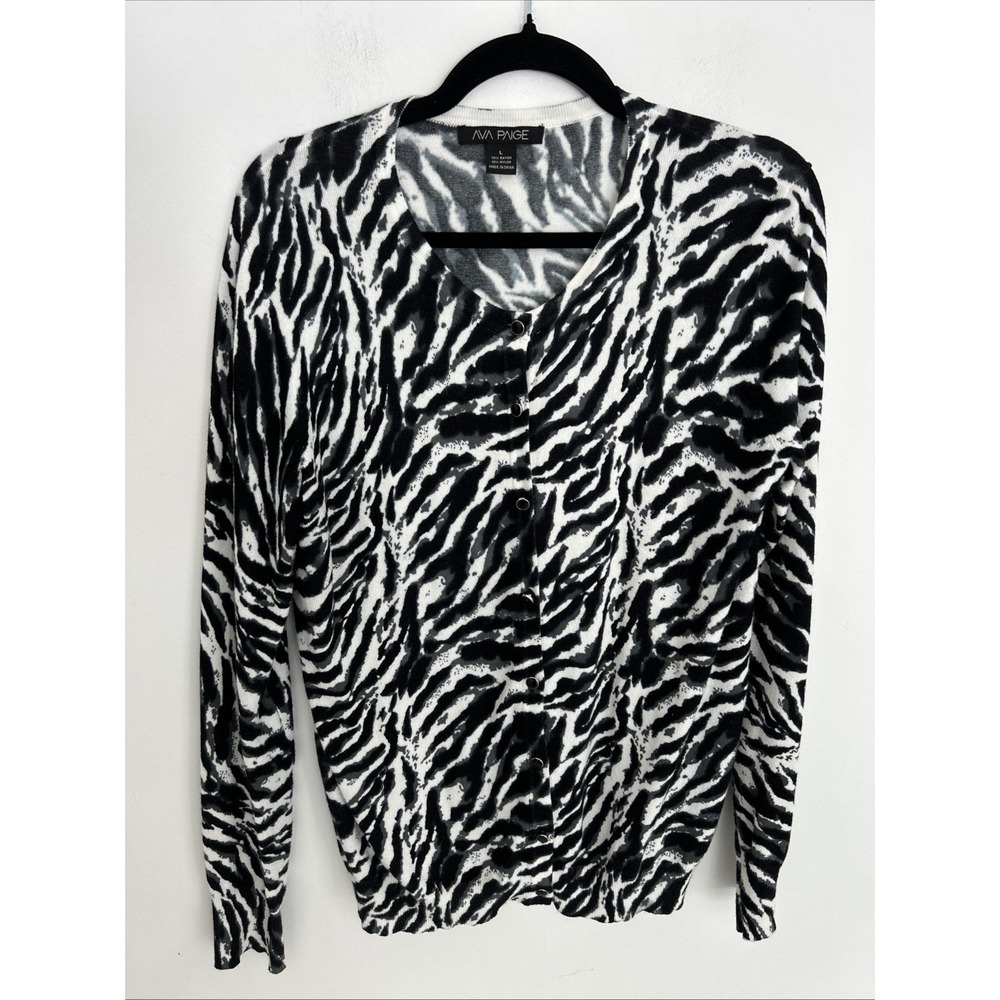Ava Paige Women's L Zebra Print Long Sleeve Black Pearl Button Up Cardigan Sweat